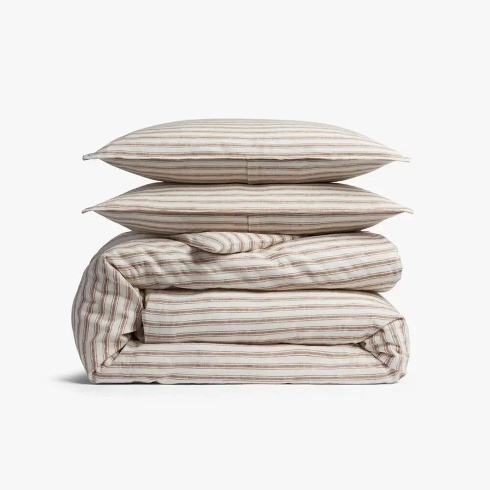 Full/Queen Relaxed Linen Stripe Duvet Cover & Sham Set Pecan & Parchment -